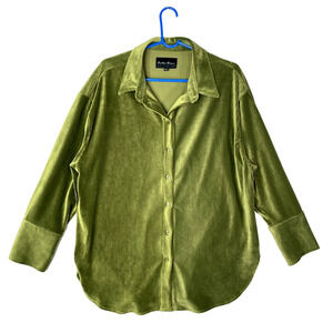 Green Velour Shirt Womens Large Button Down Velvet Corduroy 3/4 Sleeve Y2K